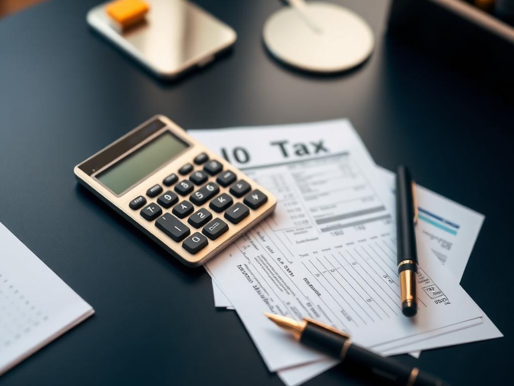Calculator and tax forms on a navy desk